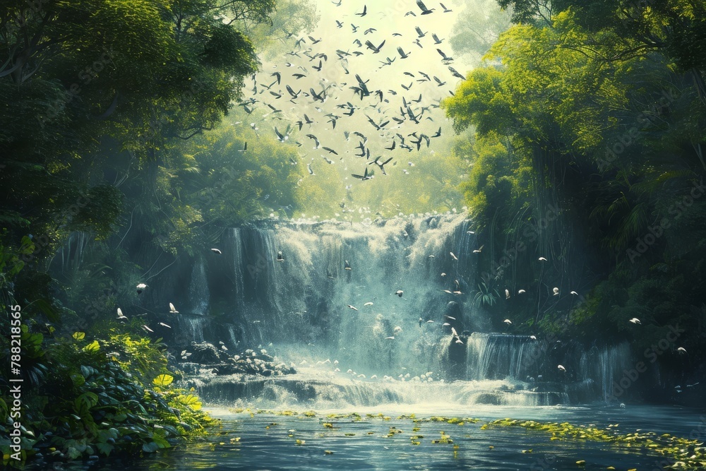 A vibrant painting depicting a group of birds soaring gracefully over a powerful, cascading waterfall, Birds flocking over a river cascading through a rainforest, AI Generated A vibrant painting depicting a group of birds soaring gracefully over a powerful, cascading waterfall, Birds flocking over a river cascading through a rainforest, AI Generated