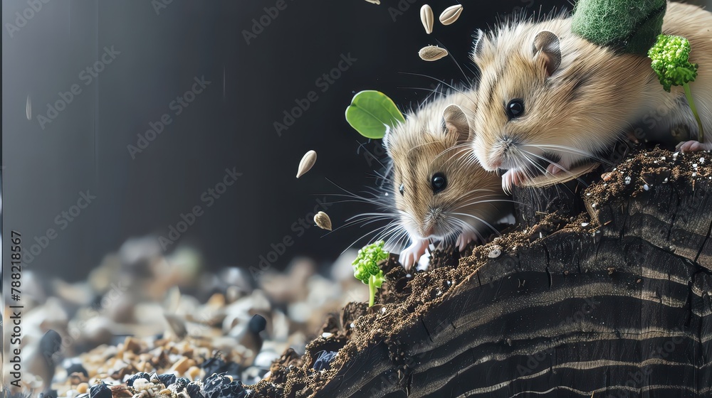Tiny hamsters sporting miniature hats enthusiastically crunch on seeds, their cheeks bulging comically, closeup - obrazy, fototapety, plakaty 