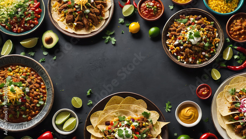 top view shoot of Mexican cuisine food for cinco de mayo celebration like tacos and other photo