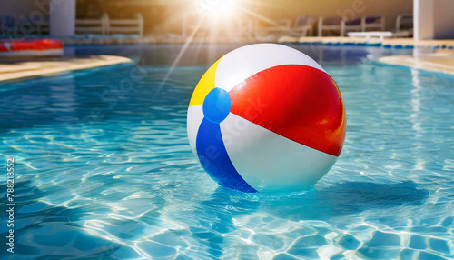 Closeup of a multicolored  red  white  blue and yellow  beach ball floating in a swimming pool with copy space. Beach holiday  summer vacations and fun activities concept. Generative Ai.