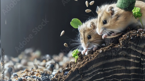 Tiny hamsters sporting miniature hats enthusiastically crunch on seeds, their cheeks bulging comically, closeup photo