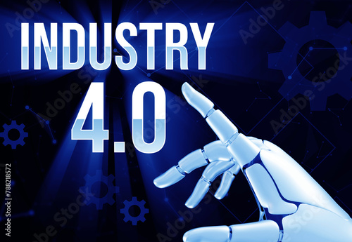 Industry 4.0 futuristic background representing revolution in industries with robotic hand touching the typography.