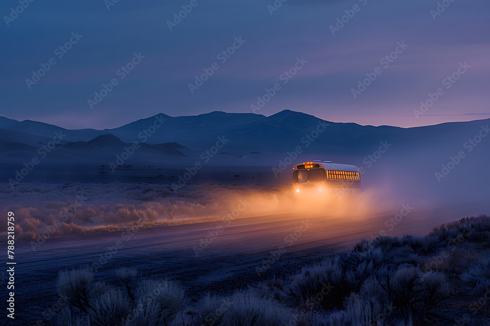a school bus in the desert, with headlight beams shining through the dust
