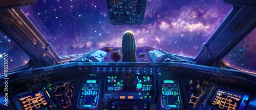 Lone cactus on a spaceship's control panel with the Milky Way galaxy sprawling in the background