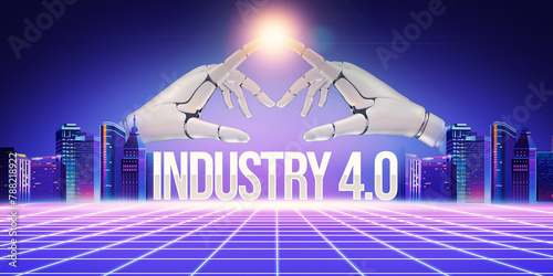 Two Robotoics Hands Revealing behind the buildings and presenting Industry 4.0 revolution, futuristic background.