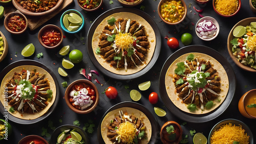 top view shoot of Mexican cuisine food for cinco de mayo celebration like tacos and other photo