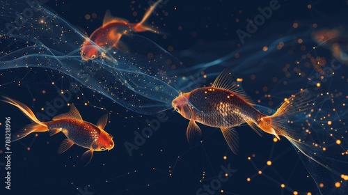 abstract image of goldfish in the form of a starry sky or space, consisting of points and lines. Business concept. Mesh spheres from flying debris. AI generated © MUCHIB