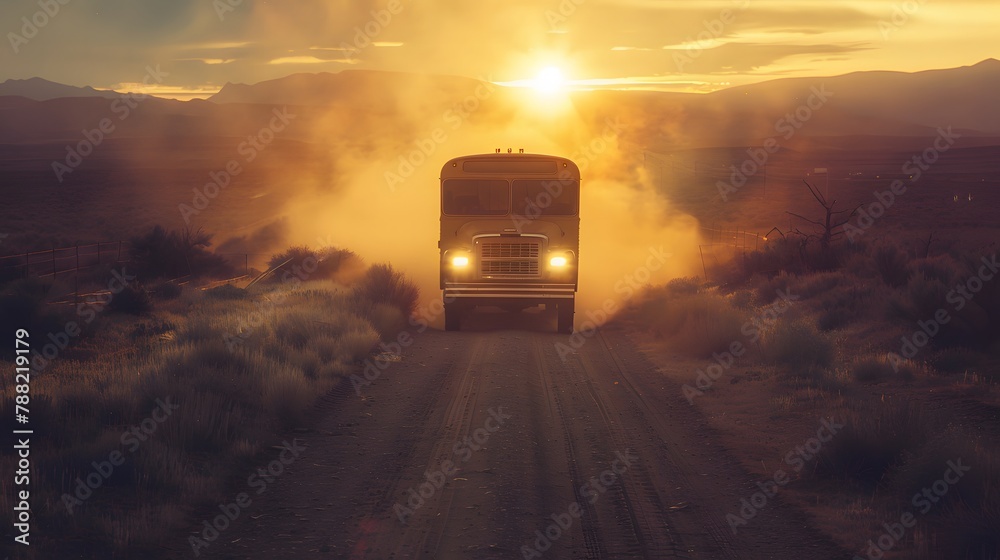 a school bus in the desert, with headlight beams shining through the dust a school bus in the desert, with headlight beams shining through the dust