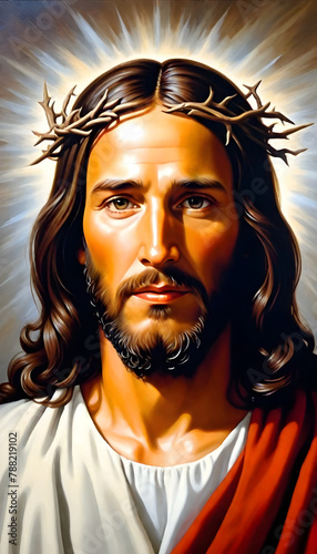 Sacred Portrait of Jesus Christ with Crown of Thorns, Divine Light, and Holy Cross