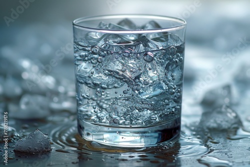 A transparent glass glass with drinking mountain water on the background of nature . The concept of drinking mineral water