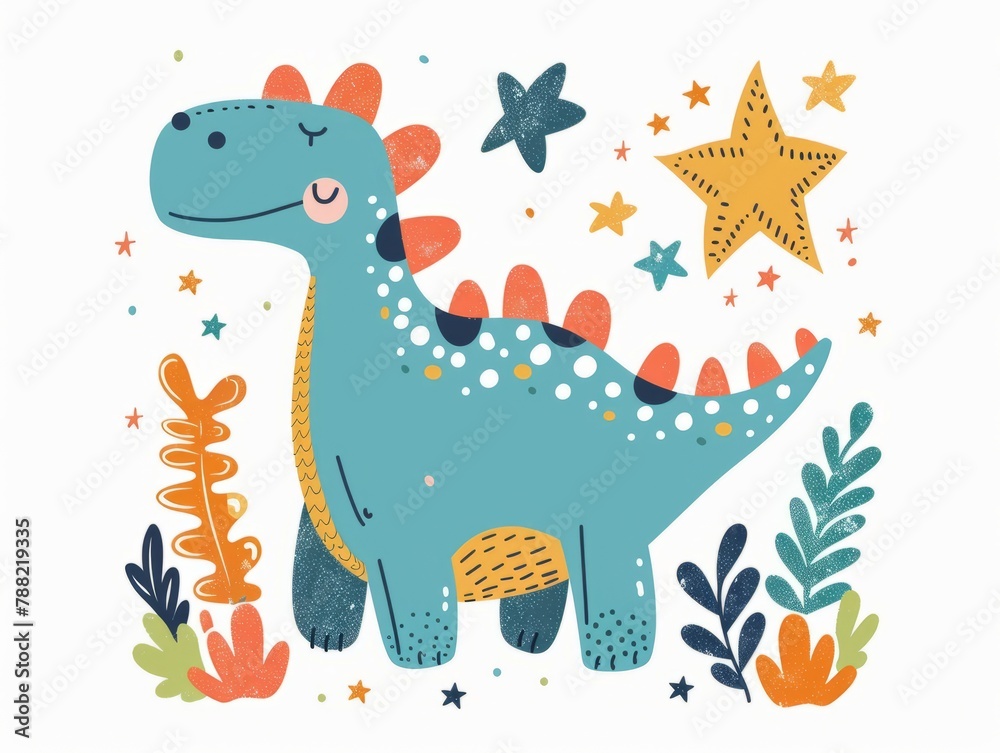 Fototapeta premium Cute Dinosaur with Stars and Leaves