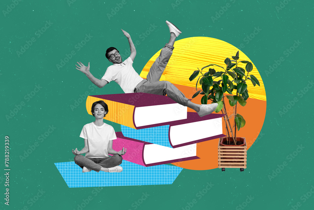 Composite collage picture image of funny young people big pile books education have fun fantasy billboard comics zine minimal - obrazy, fototapety, plakaty 