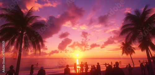a breathtaking sunset beach scene with the sky ablaze with hues of orange, pink, and purple, silhouetted palm trees swaying in the gentle breeze. Generative Ai