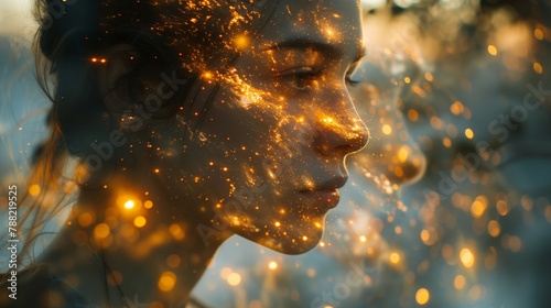 Cosmic dream - creative portrait: woman's profile blended with a starry cosmic nebula in a surreal photo