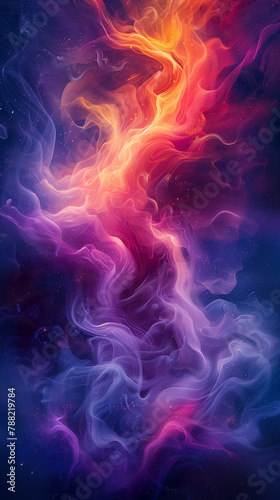 A celestial dance of vivid hues, with swirling patterns of purple and orange resembling a cosmic fire set against the deep blue of interstellar space