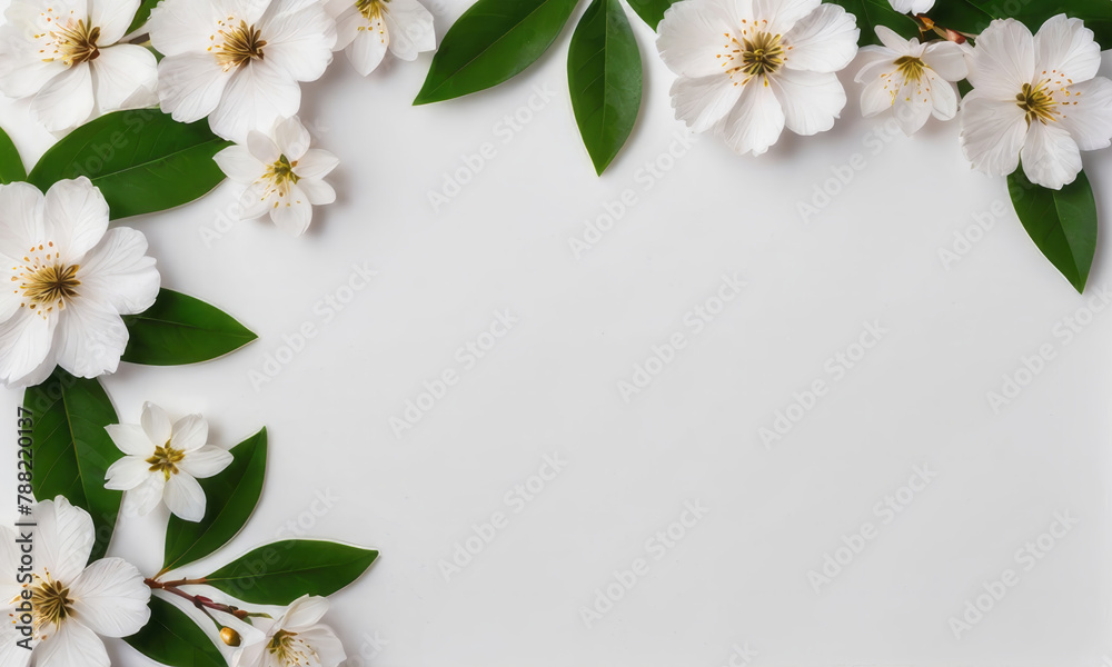 Banner with white cherry flowers on light background. Flat lay, top view. Template for web, greeting card, wedding invitation, Mothers and Womans day. Floral composition with copy space. Banner with white cherry flowers on light background. Flat lay, top view. Template for web, greeting card, wedding invitation, Mothers and Womans day. Floral composition with copy space.