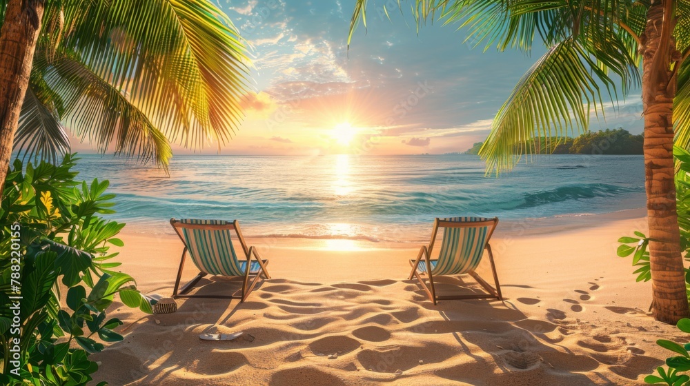 Two chairs on the beach at sunset with palm trees in background, AI