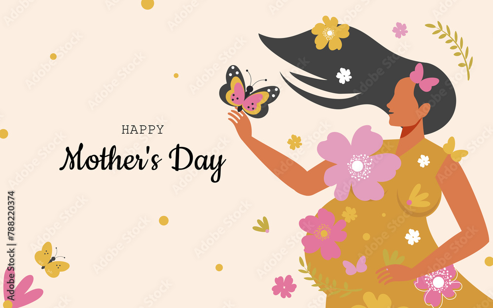 Naklejka premium Happy Mother's Day. Blooming pregnant woman in a yellow dress and with butterflies. 