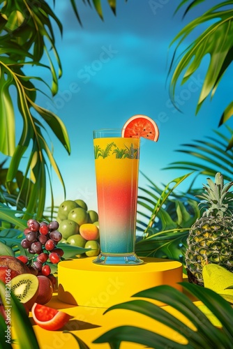 Fresh juice in a glass cup and assorted fruits with a delicious and healthy drink