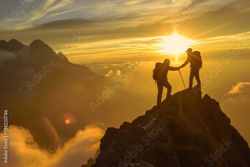 Two individuals proudly stand on the summit of a mountain, taking in the awe-inspiring view, Breathtaking scene of a hiker supporting their partner up the peak, AI Generated