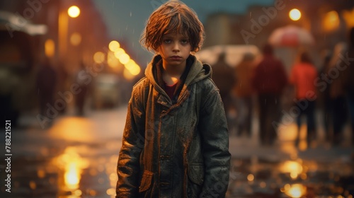 dirty little orphan boy is feeling lonely on the streets photo