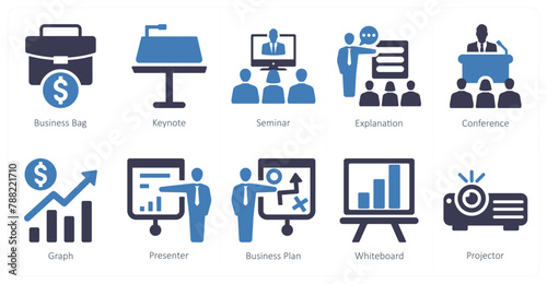A set of 10 business presentation icons as business bag, keynote, seminar