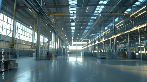 A large industrial building with a lot of windows and a yellow line on the floor. Scene is industrial and modern