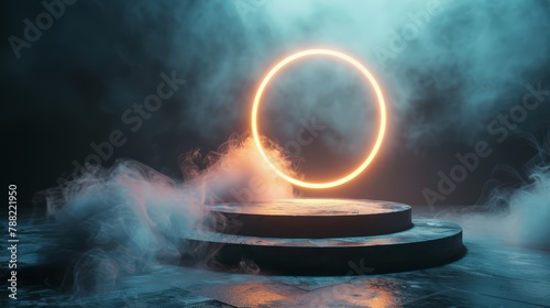 Podium with a central circle that radiate a glowing neon light, surrounded by a circular haze of smoke. Perfect for highlighting dramatic presentations or futuristic concepts