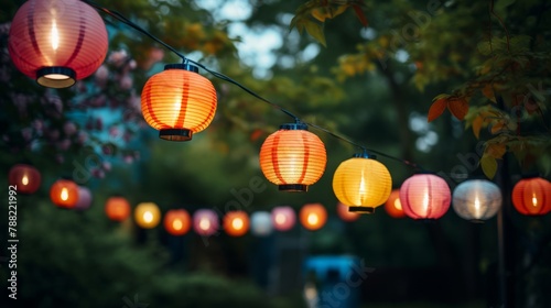 Bright festive lanterns strung up close up