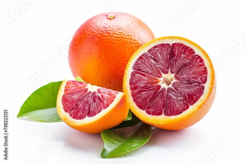 Juicy red orange with leaves isolated on a white background.