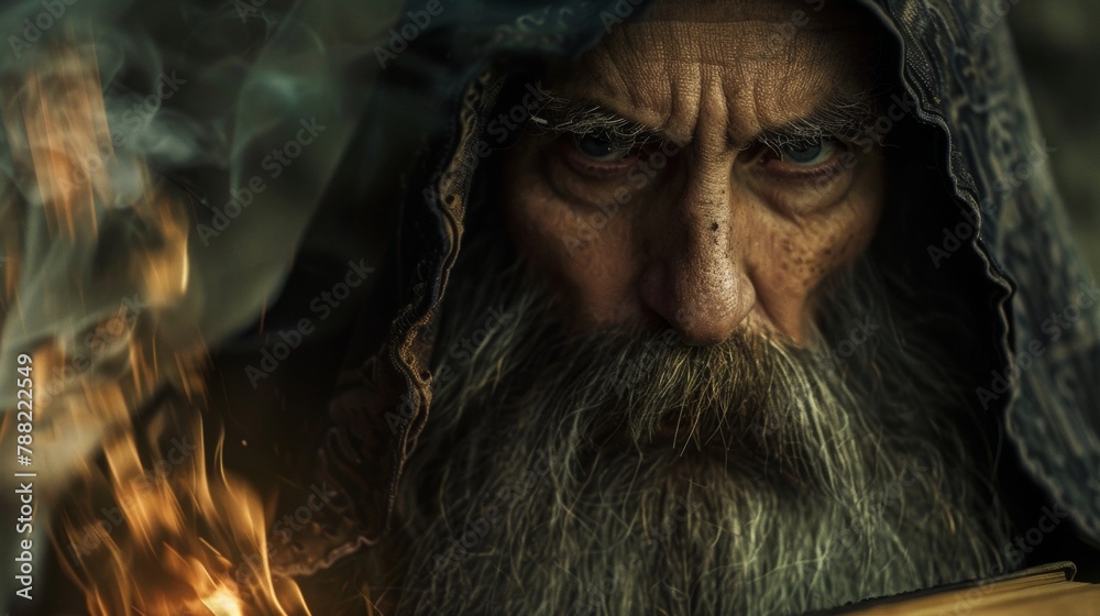 A close-up shot of a man with a long beard. Biblical person from the book of enoch. A man with a beard and wrinkles on his face. End times and the second coming. Prophecy and doom A close-up shot of a man with a long beard. Biblical person from the book of enoch. A man with a beard and wrinkles on his face. End times and the second coming. Prophecy and doom