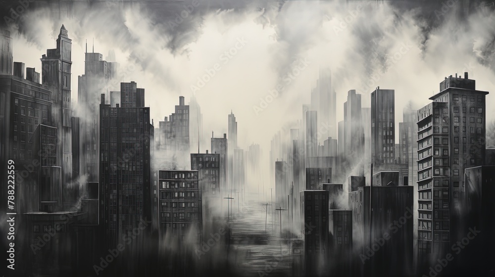 Industrial city with skyscrapers, shrouded in a smoky, charcoal atmosphere, the angular forms of buildings creating a dynamic composition