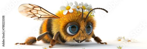 3D Cute smile little bee kawaii character. Realistic bee with big eyes on white background.