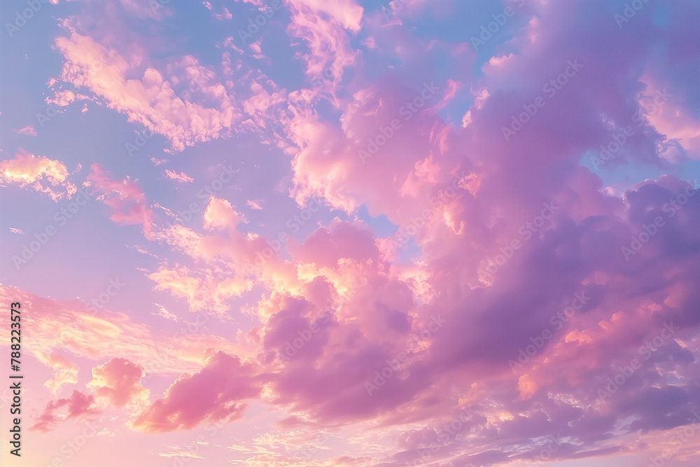 A serene pastel purple sky at dusk with delicate clouds. Beautiful purple and pink clouds fill the sky at sunset A serene pastel purple sky at dusk with delicate clouds. Beautiful purple and pink clouds fill the sky at sunset