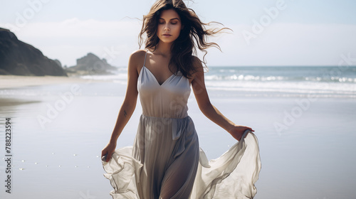 Jolie jeune femme d'une vingtaine d'année, marchant sur un plage paradisiaque. Elle porte une belle robe d'été. Plage, mer, vacances, été. Pour conception et création graphique. photo