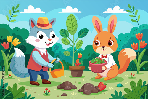 Bunny and Squirrel Planting Seeds in a Garden  Whimsical Scene of Bunny and Squirrel Gardening