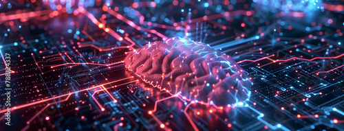 Electronic cyber brain in a quantum computing system, technology, biotechnology and machine learning concept, Neural circuit and electronic cyber brain in a quantum computing system. Futuristic, Ai