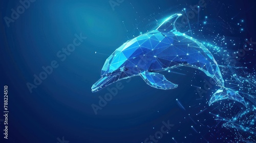 Abstract jumping dolphin in polygons on technology blue background. Low poly wire frame marine life concept. AI generated © MUCHIB