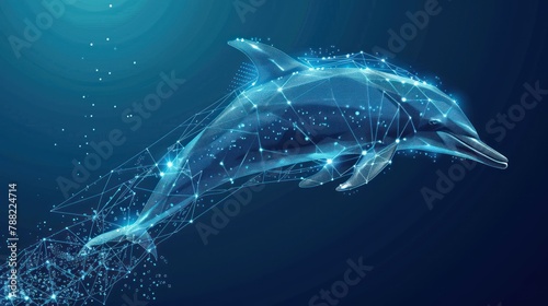 Abstract jumping dolphin in polygons on technology blue background. Low poly wire frame marine life concept. AI generated
