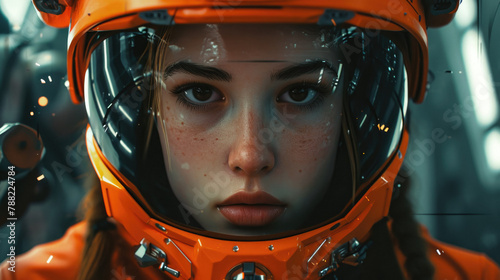 Young girl, possibly a child, wearing a futuristic orange helmet with a visor
