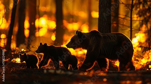 Mother bear leading her cubs from a forest blaze, a poignant moment of family and instinctual protection in the face of danger photo