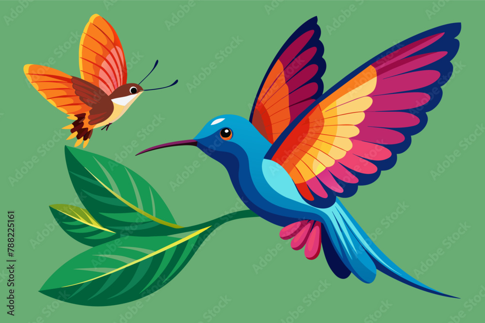 butterfly delicately perches on the back of the hummingbird, enjoying a whimsical ride through the air