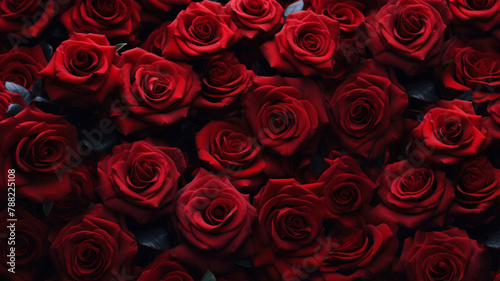 Background of red roses. Valentine's Day background. Top view.