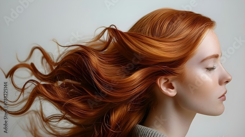 Auburn Elegance: Serene Profile with Windswept Hair. Concept Portrait Photography, Natural Beauty, Auburn Hair, Serene Expression, Elegance