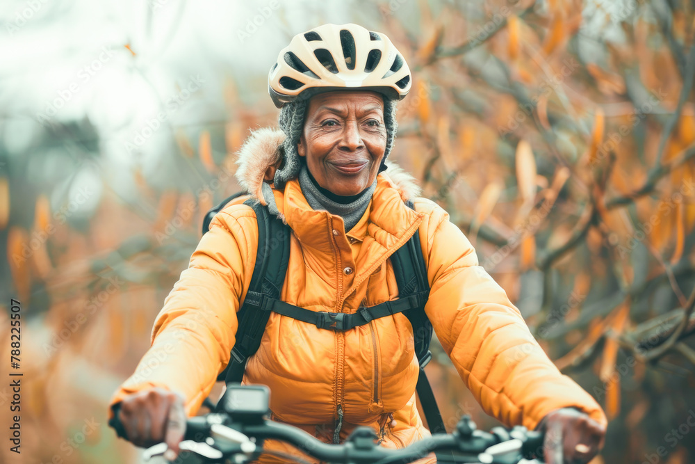 Active senior woman enjoying nature outdoors riding bike. Mature woman on bike trail in forest. Concept of activity in nature for seniors with a mountain bike. Active senior woman enjoying nature outdoors riding bike. Mature woman on bike trail in forest. Concept of activity in nature for seniors with a mountain bike.