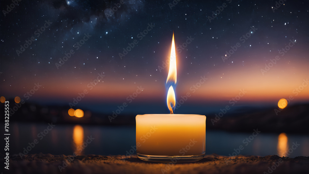 Fototapeta premium glowing candelight under starry blue night sky