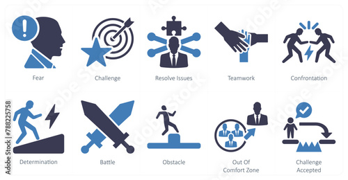 A set of 10 challenge icons as fear, challenge, resolve issues