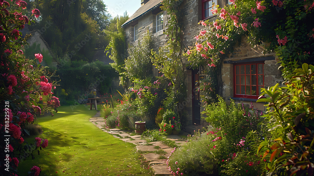 Vintage English stone house surrounded by a lush garden, capturing the ...