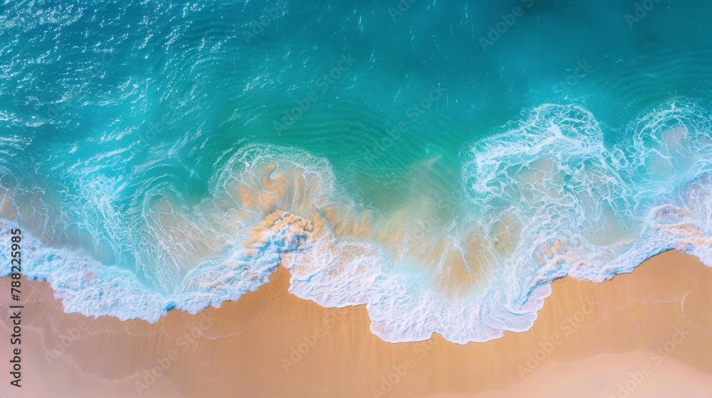An aerial view of a beach with waves and sand, AI