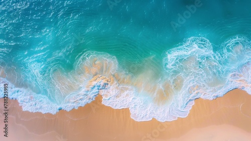 An aerial view of a beach with waves and sand, AI